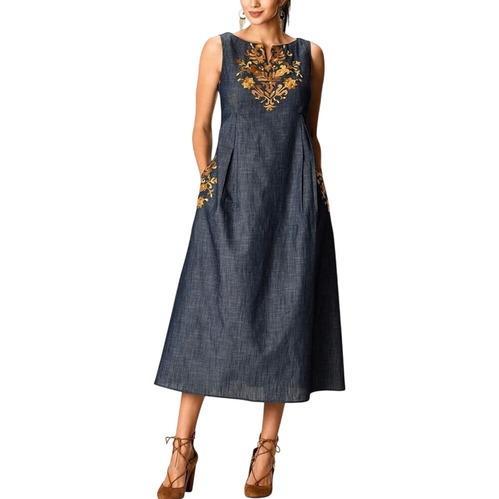 Wayward Fancies EShakti Chambray‎ Floral Embroidered Midi Dress Sz 12 Sleeveless